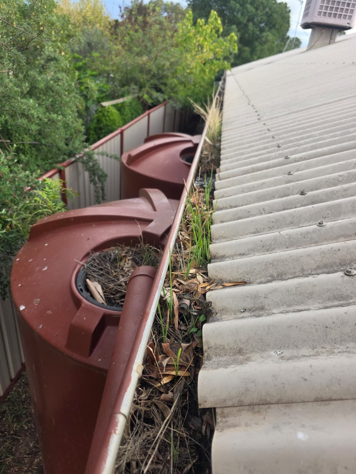 Red metal gutters with overgrown weeds next to concrete stairs and industrial building